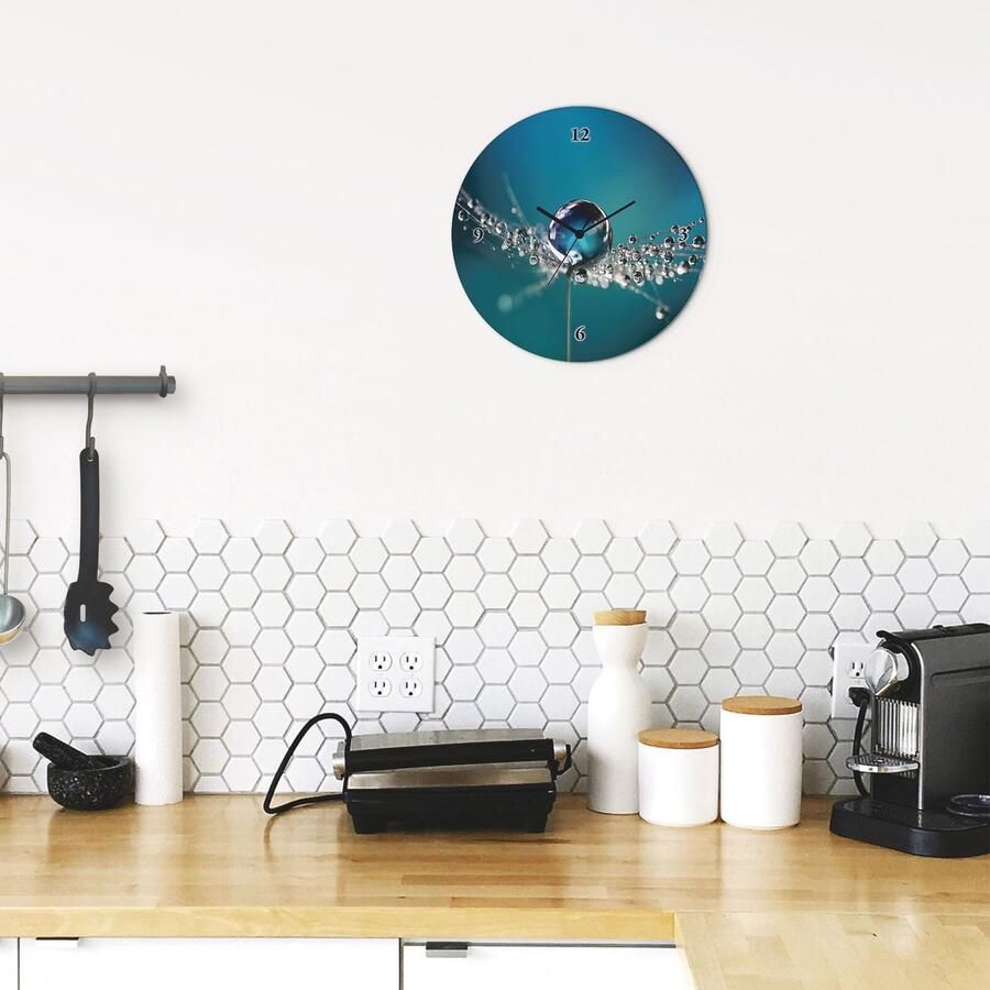 Artland Wandklok Glazen klok rond pluizenbol dauwdruppel blauw