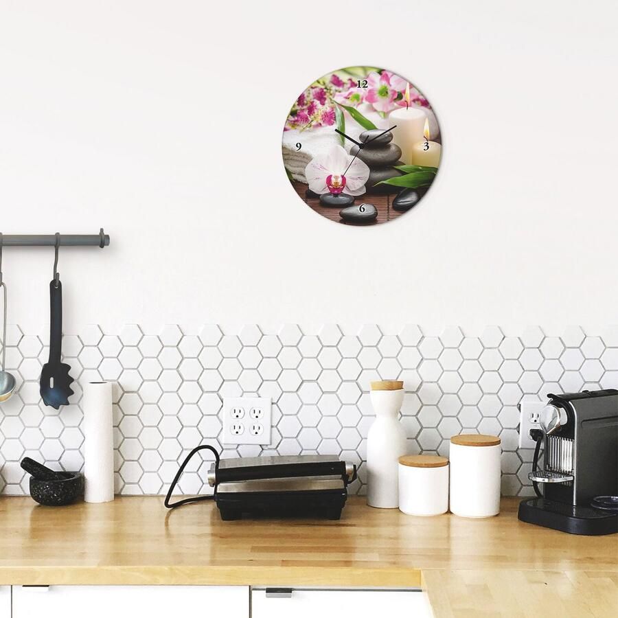 Artland Wandklok Glazen klok rond spa orchideeën bamboe kaars