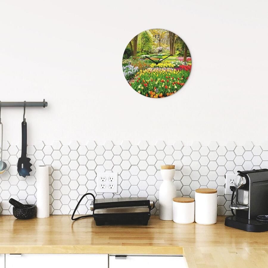 Artland Wandklok Glazen klok rond tulpen tuin voorjaar
