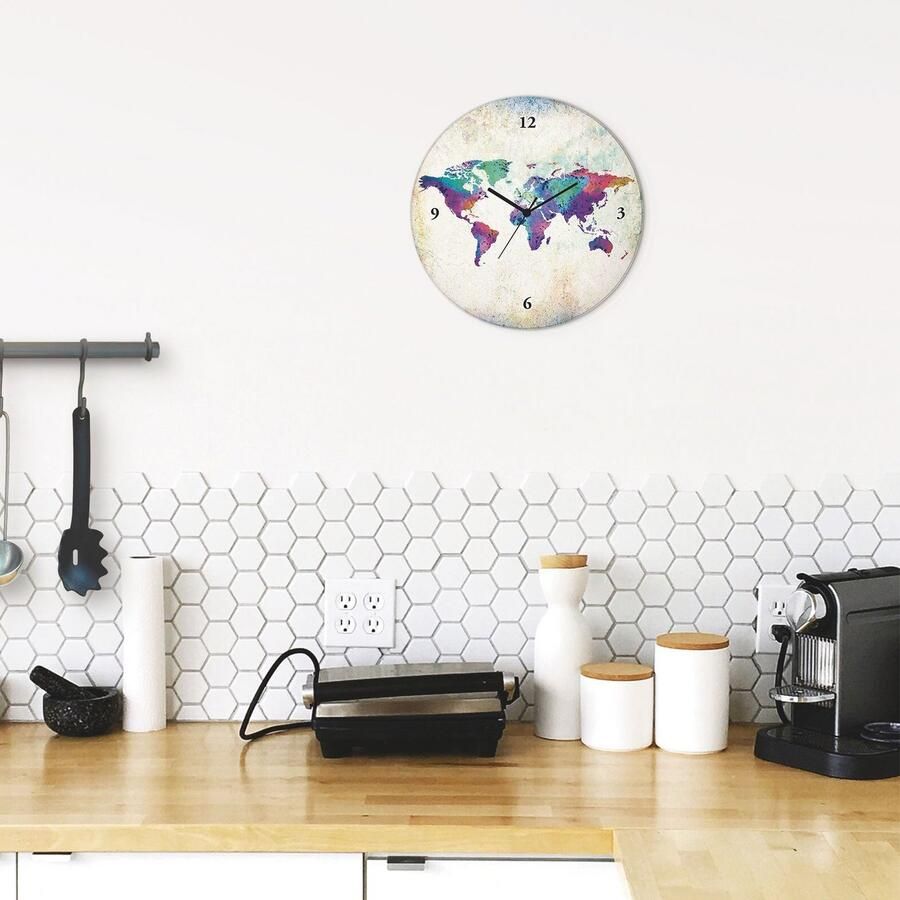 Artland Wandklok Glazen klok rond veelkleurige wereldkaart