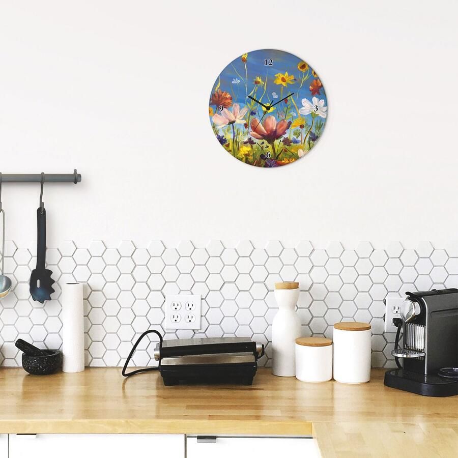 Artland Wandklok Glazen klok rond weide met wilde bloemen