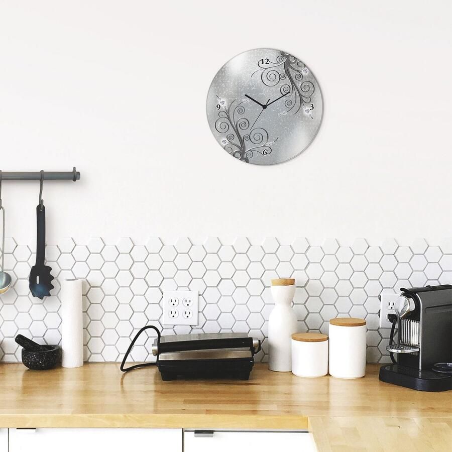 Artland Wandklok Glazen klok rond witte orchideeën op ornamenten