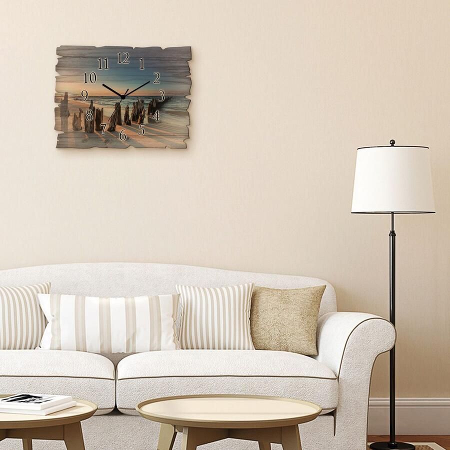 Artland Wandklok Houten klok zonsondergang strand golfbreker