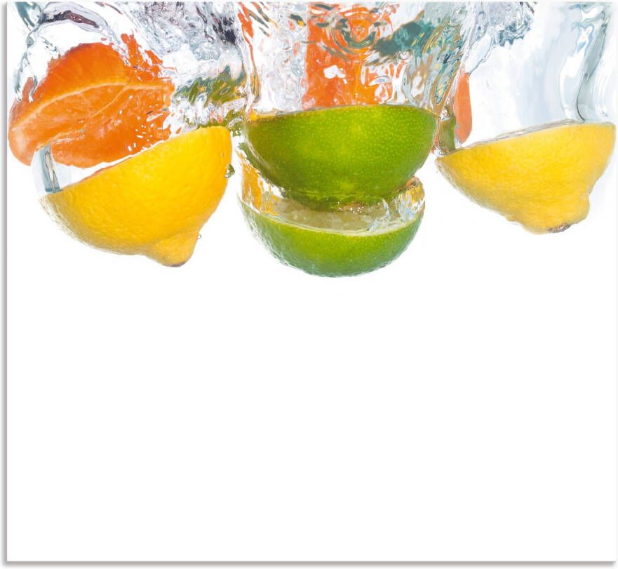 Artland Keukenwand Citrusvruchten vallen in helder water Aluminium spatscherm met plakband gemakkelijke montage