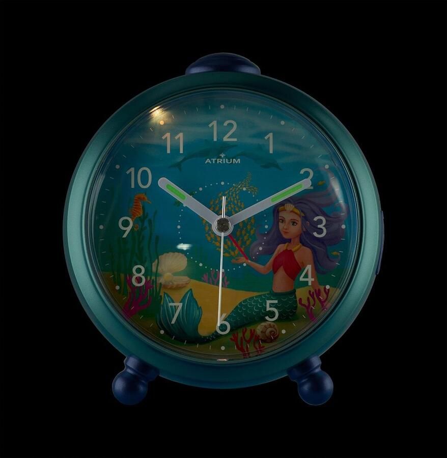 Atrium Wekker Kinderen Meisjes Zeemeermin Turquoise Zonder tikgeluid Snooze Licht wijzerplaatverlichting Glow in the dark wijzers Grote knoppen A932-13