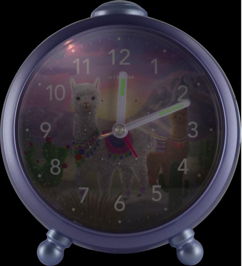 Atrium Wekker Kinderen Meisjes Alpaca's Lila Zonder tikgeluid Snooze Licht wijzerplaatverlichting Glow in the dark wijzers Grote knoppen A932-8