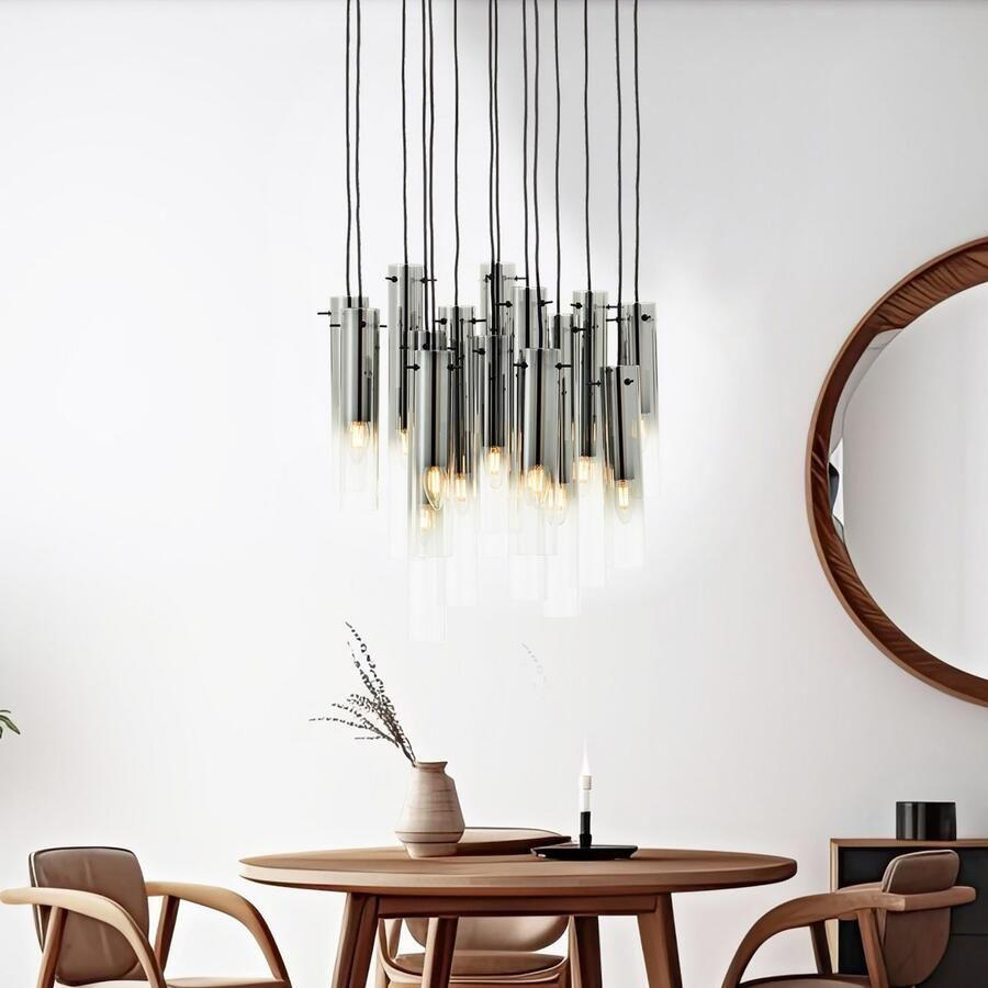 Brilliant Leuchten Hanglamp Glasini 199 x 52 cm 14 x e14 inkortbaar metaal rookglas mat zwart (1 stuk) - Foto 5