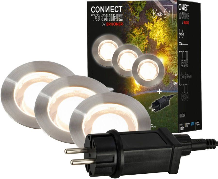 Briloner Connect to Shine -LED vloerinbouwspots 3914032 Aanloopset IP67 Warm wit licht 1 5m voedingskabel 1 watt en 100 lumen per stuk Ø45x25mm Zilverkleurig