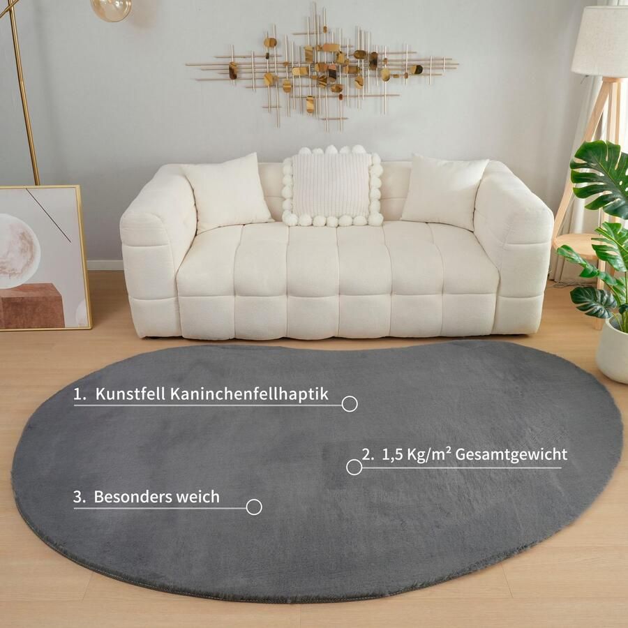 Bruno Banani Hoogpolig vloerkleed Rabbit 2 Bean kunstbont tapijt modern bijzondere vorm Konijnenbont-grip microvezel woonkamer slaapkamer eetkamer