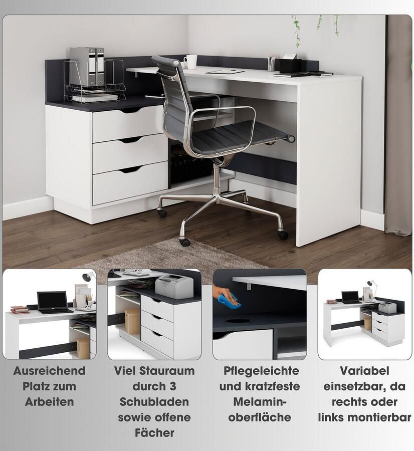 ByLIVING Hoekbureau Bern met veel opbergruimte breedte 129 cm rechts of links monteerbaar
