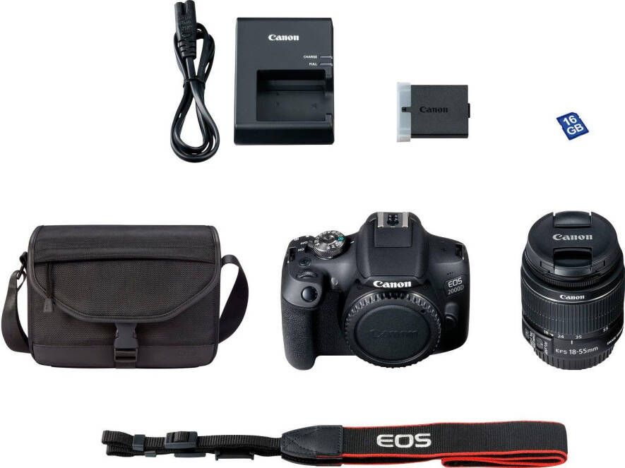 Canon EOS 2000D Body + 18-55mm + Tas + SD-kaart Zwart | Spiegelreflexcamera s | Fotografie Camera s | 2728C013