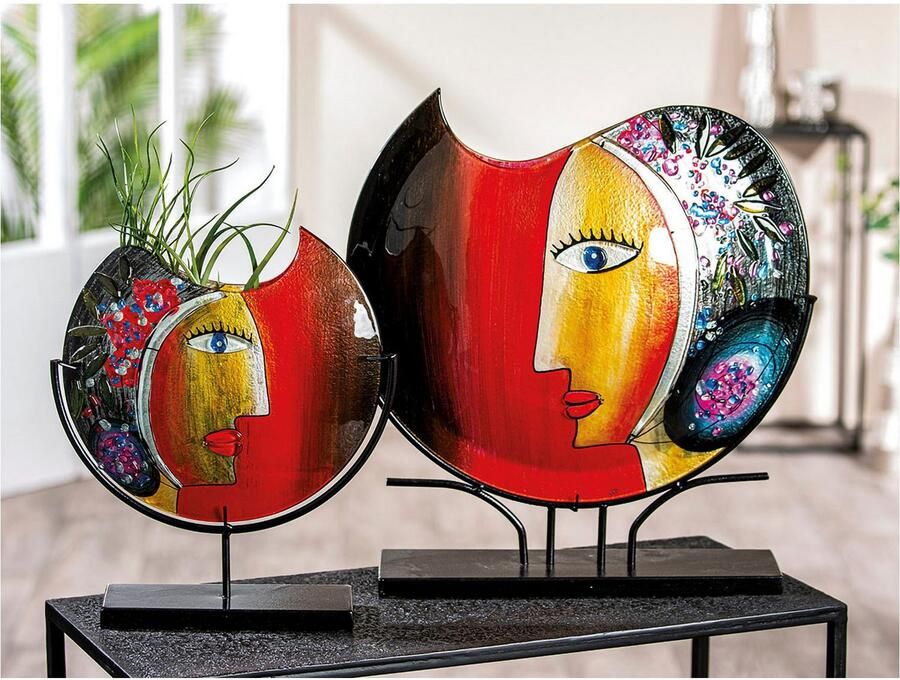 Casablanca by Gilde Siervaas Glasart decoratieve vaas Gezicht "Cloe" hoogte ca. 48 cm uit metaal en glas handbeschilderd met fusing-glaselementen (1 stuk)