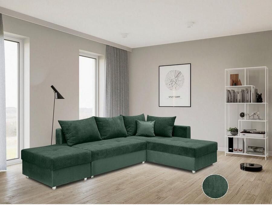 COLLECTION AB Hoekbank Italia L-vorm met slaapbank functie en bedbox in mix van fluweel en ribfluweel