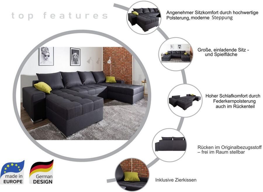 COLLECTION AB Zithoek Josy XL U-Form Breite: 313 cm incl. bedfunctie bedlade met 4 gelijk grote rugkussens