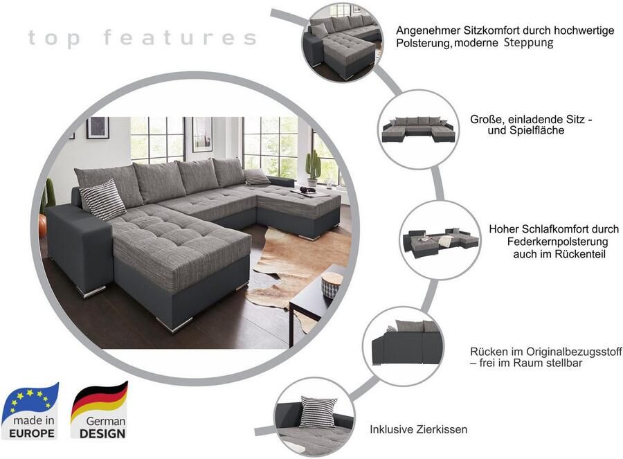 COLLECTION AB Zithoek Josy XL U-Form Breite: 313 cm incl. bedfunctie bedlade met 4 gelijk grote rugkussens