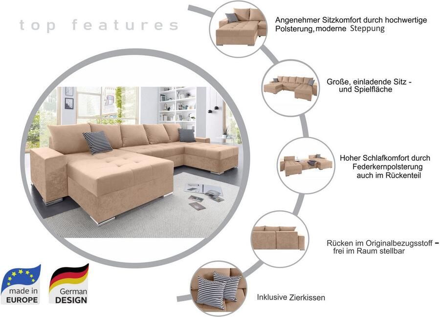 COLLECTION AB Zithoek Josy XXL U-vorm B: 333 cm met 2 chaise longues 77 & 97 cm