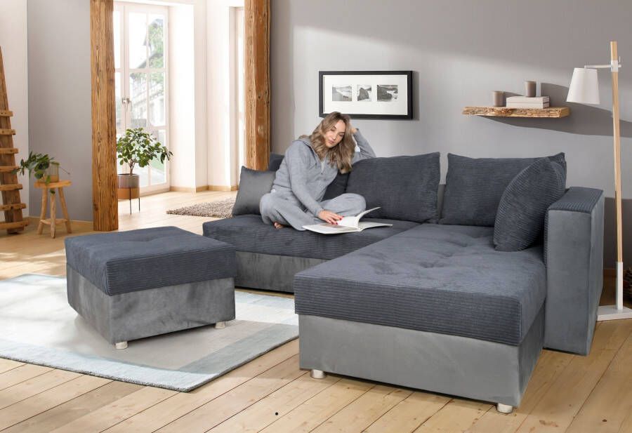 COLLECTION AB Hoekbank Italia L-vorm met slaapbank functie en bedbox in mix van fluweel en ribfluweel