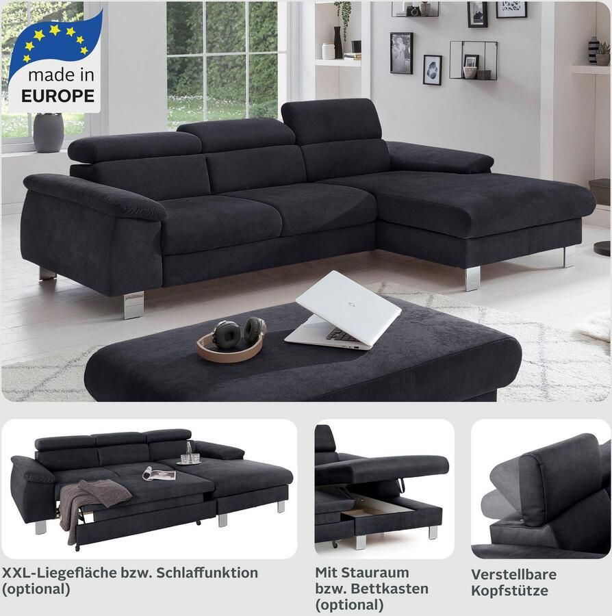 COTTA Hoekbank Komaris L-vorm B: 244 cm met hoofdverstelling optioneel bedfunctie bedlade & licht