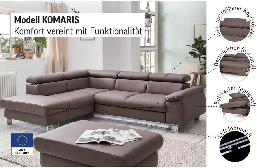 COTTA Hoekbank Komaris L-vorm B: 249 cm met hoofdverstelling optioneel bedfunctie bedlade & licht