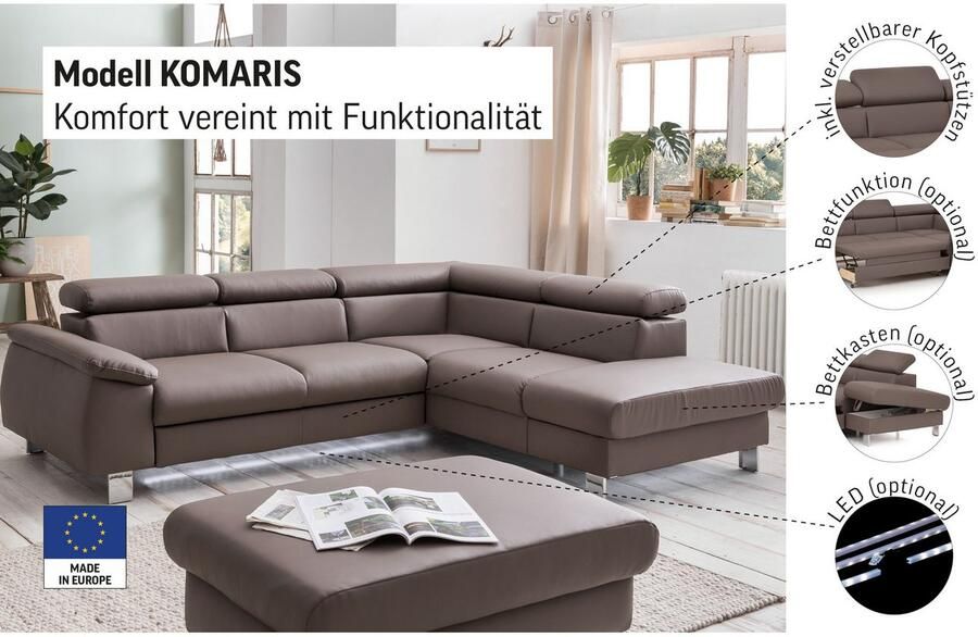 COTTA Hoekbank Komaris L-vorm B: 249 cm met hoofdverstelling optioneel bedfunctie bedlade & licht