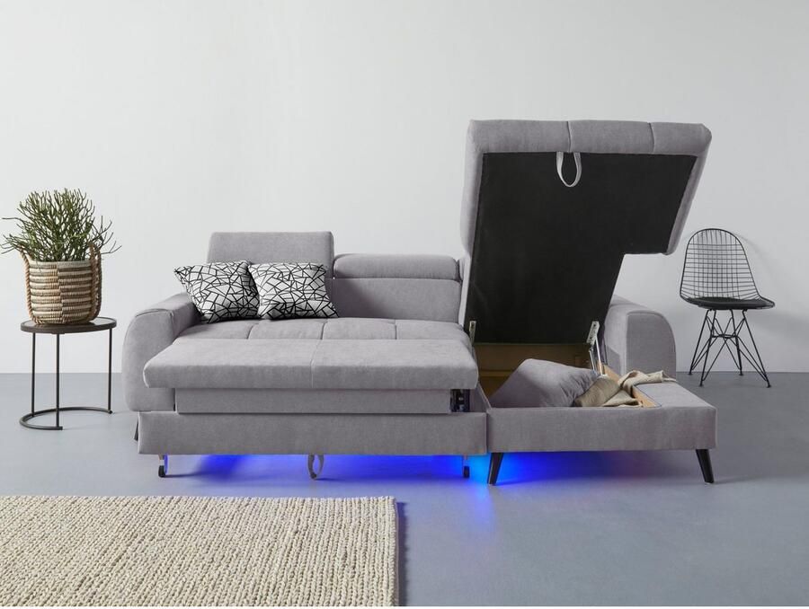 COTTA Hoekbank Mia L-vorm met 3 sierkussens keuze met bedfunctie bedlade verlichting & draadloze oplader