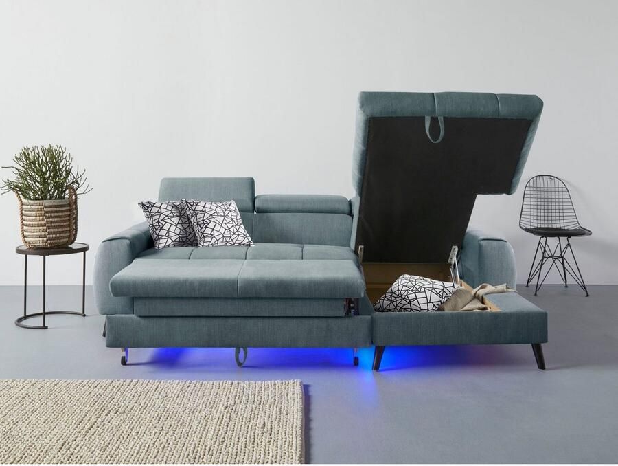 COTTA Hoekbank Mia L-vorm met 3 sierkussens keuze met bedfunctie bedlade verlichting & draadloze oplader