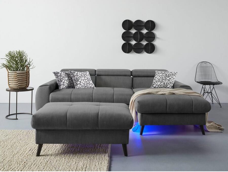 COTTA Hoekbank Mia L-vorm met 3 sierkussens keuze met bedfunctie bedlade verlichting & draadloze oplader