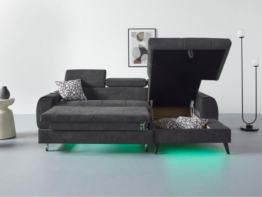 COTTA Hoekbank Mia L-vorm met 3 sierkussens keuze met bedfunctie bedlade verlichting & draadloze oplader