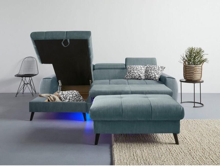 COTTA Hoekbank Mia L-vorm met 3 sierkussens keuze met bedfunctie bedlade verlichting & draadloze oplader