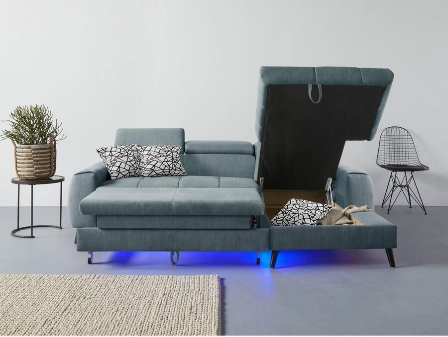 COTTA Hoekbank Mia L-vorm met 3 sierkussens keuze met bedfunctie bedlade verlichting & draadloze oplader