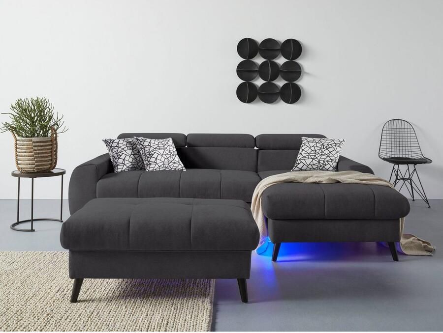 COTTA Hoekbank Mia L-vorm met 3 sierkussens keuze met bedfunctie bedlade verlichting & draadloze oplader