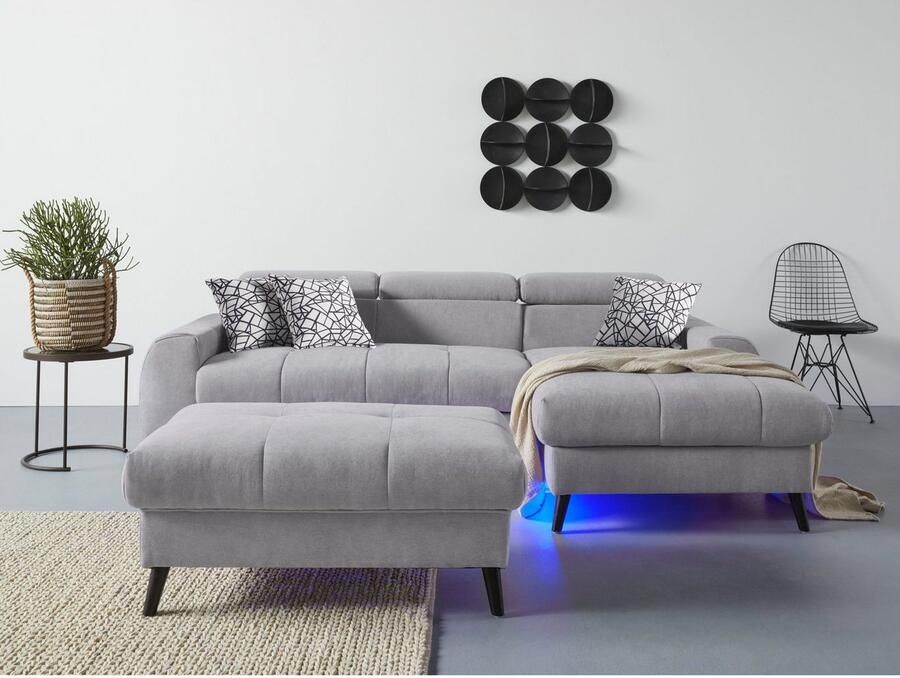 COTTA Hoekbank Mia L-vorm met 3 sierkussens keuze met bedfunctie bedlade verlichting & draadloze oplader