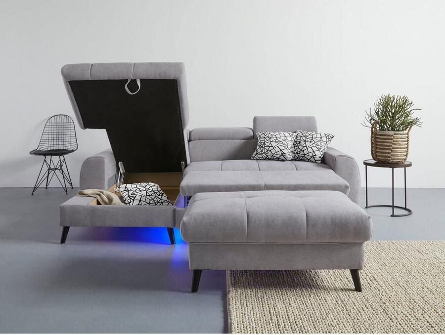 COTTA Hoekbank Mia L-vorm met 3 sierkussens keuze met bedfunctie bedlade verlichting & draadloze oplader