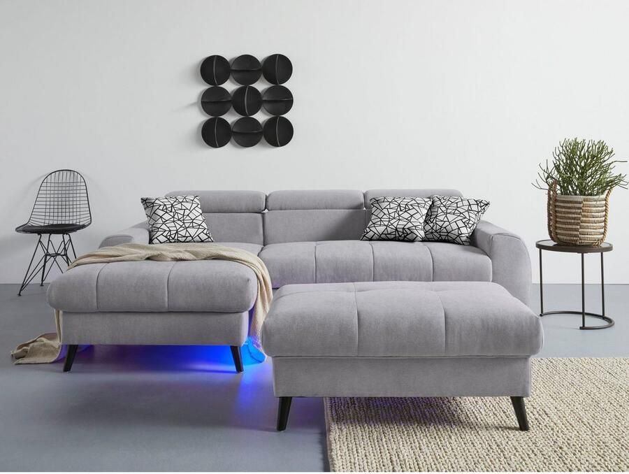 COTTA Hoekbank Mia L-vorm met 3 sierkussens keuze met bedfunctie bedlade verlichting & draadloze oplader