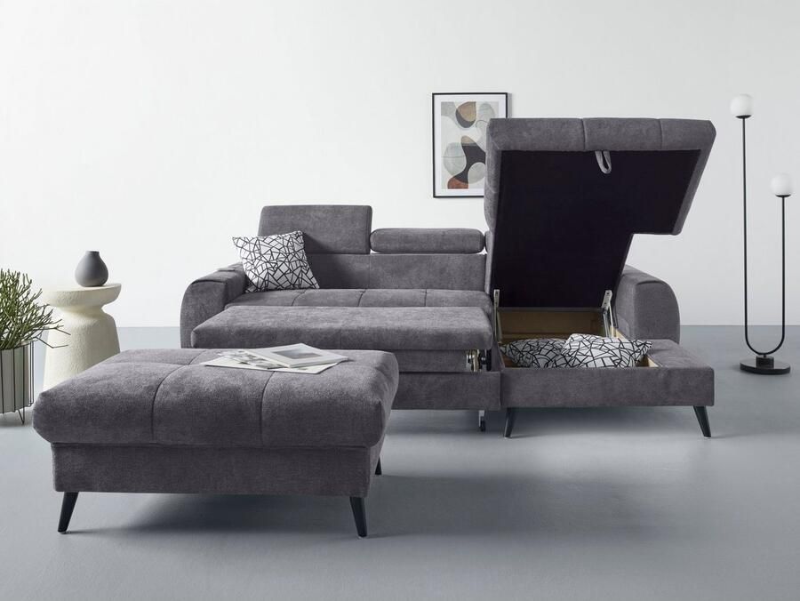 COTTA Hoekbank Mia L-vorm met 3 sierkussens keuze met bedfunctie bedlade verlichting & draadloze oplader