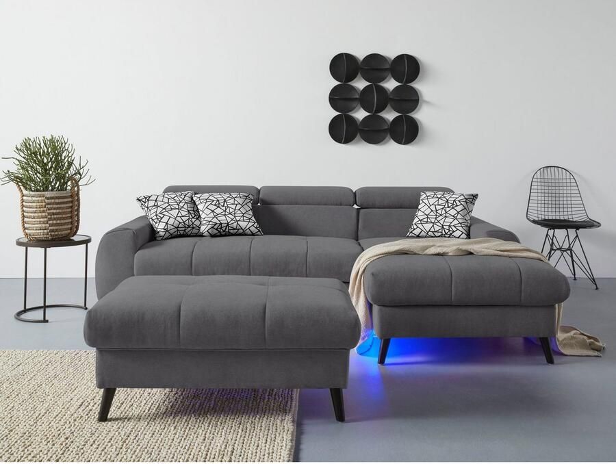 COTTA Hoekbank Mia L-vorm met 3 sierkussens keuze met bedfunctie bedlade verlichting & draadloze oplader