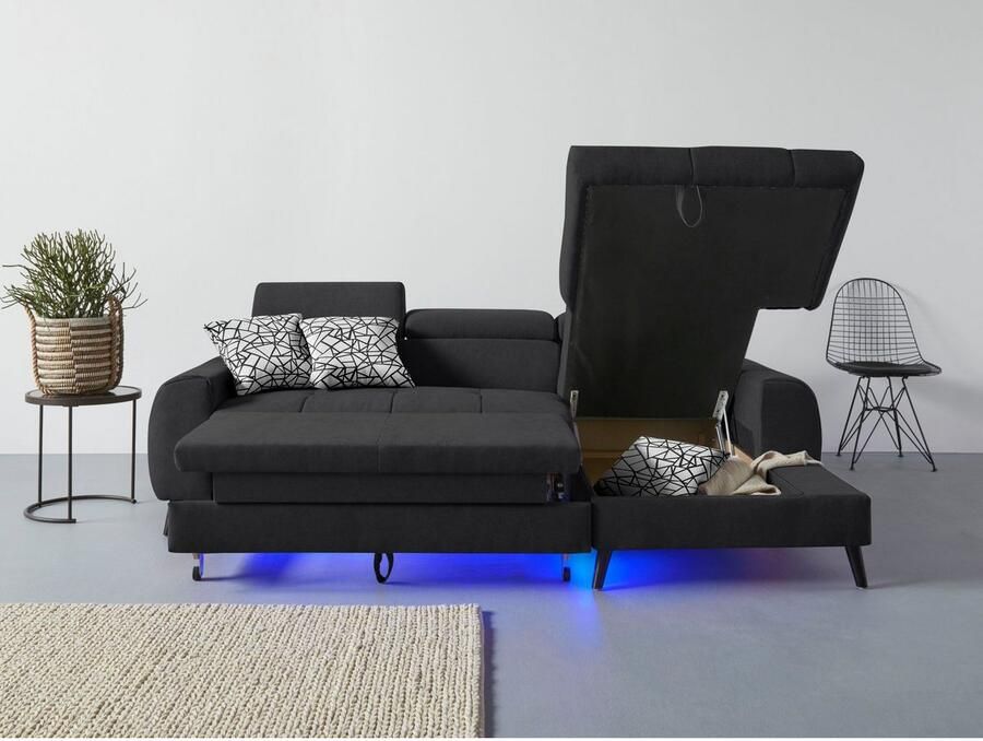 COTTA Hoekbank Mia L-vorm met 3 sierkussens keuze met bedfunctie bedlade verlichting & draadloze oplader