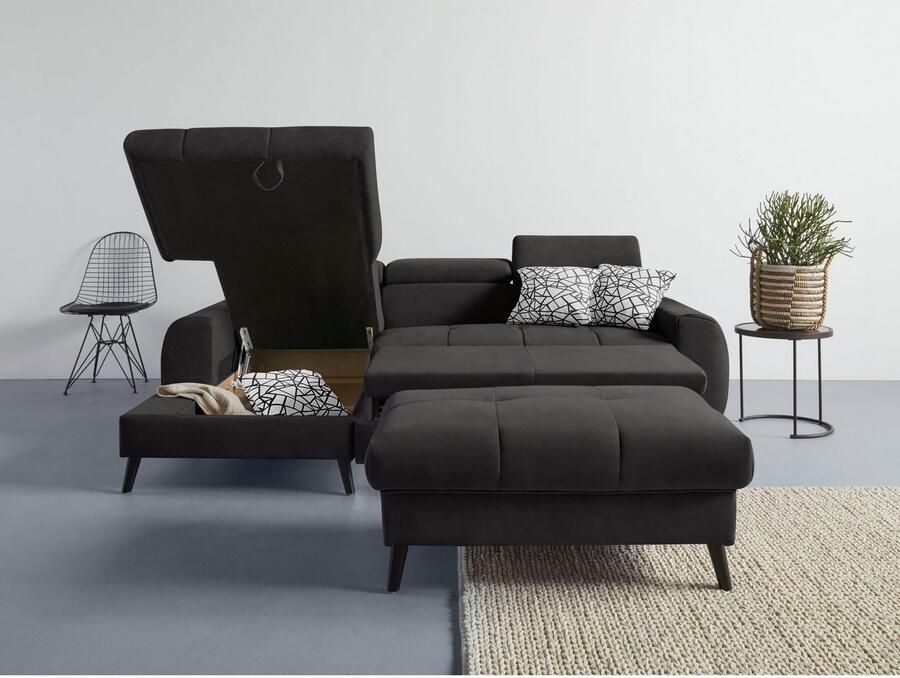 COTTA Hoekbank Mia L-vorm met 3 sierkussens keuze met bedfunctie bedlade verlichting & draadloze oplader