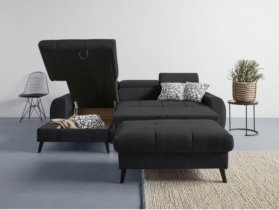 COTTA Hoekbank Mia L-vorm met 3 sierkussens keuze met bedfunctie bedlade verlichting & draadloze oplader