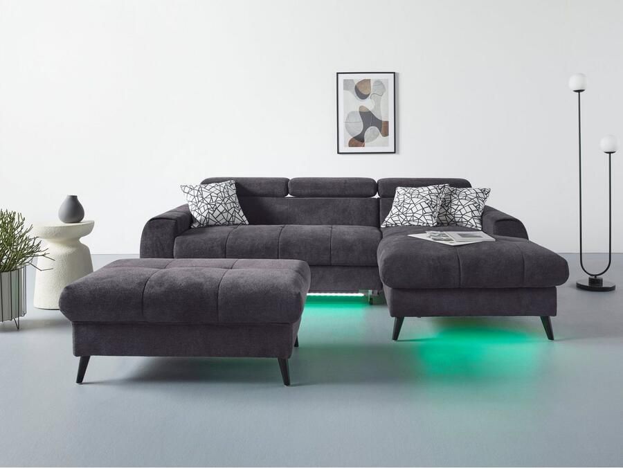 COTTA Hoekbank Mia L-vorm met 3 sierkussens keuze met bedfunctie bedlade verlichting & draadloze oplader