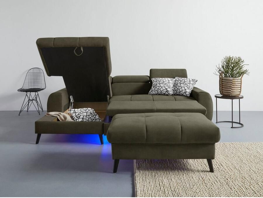 COTTA Hoekbank Mia L-vorm met 3 sierkussens keuze met bedfunctie bedlade verlichting & draadloze oplader