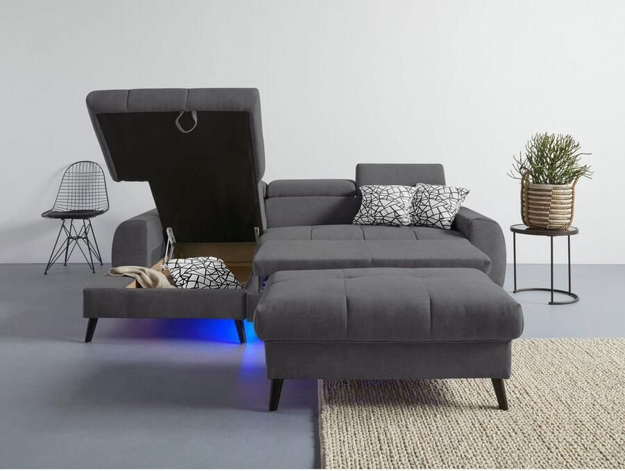 COTTA Hoekbank Mia L-vorm met 3 sierkussens keuze met bedfunctie bedlade verlichting & draadloze oplader