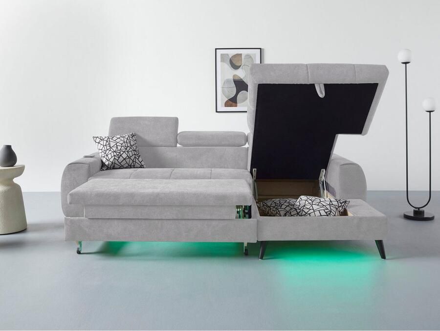 COTTA Hoekbank Mia L-vorm met 3 sierkussens keuze met bedfunctie bedlade verlichting & draadloze oplader