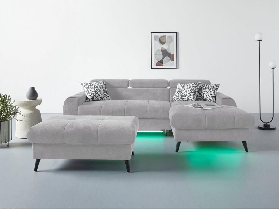 COTTA Hoekbank Mia L-vorm met 3 sierkussens keuze met bedfunctie bedlade verlichting & draadloze oplader