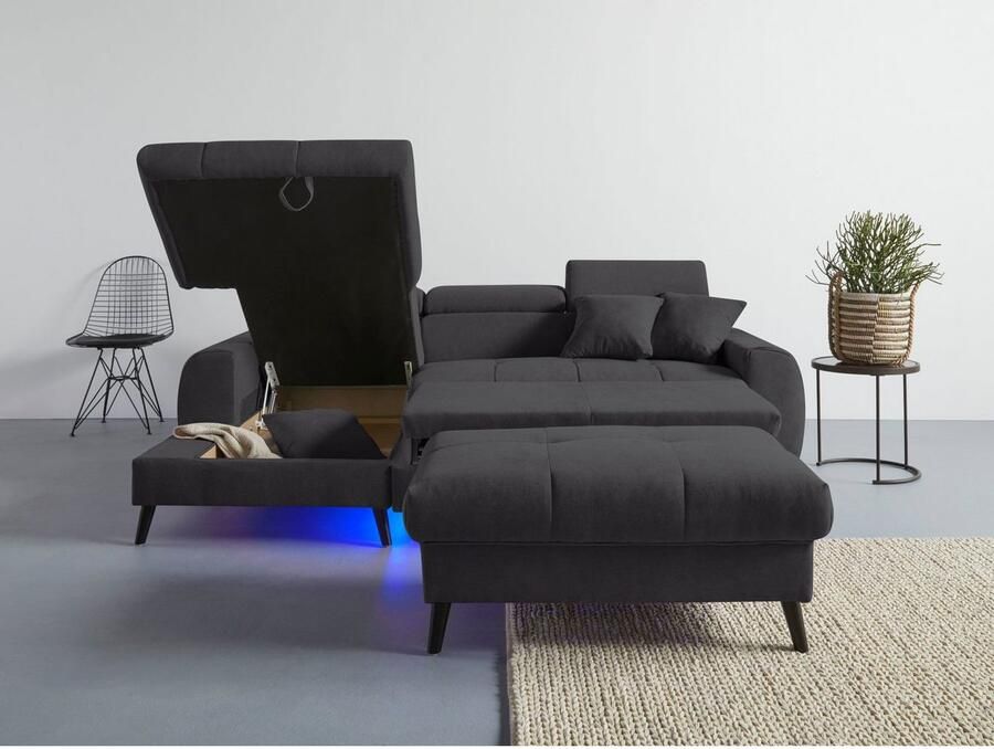 COTTA Hoekbank Mia L-vorm met 3 sierkussens keuze met bedfunctie bedlade verlichting & draadloze oplader