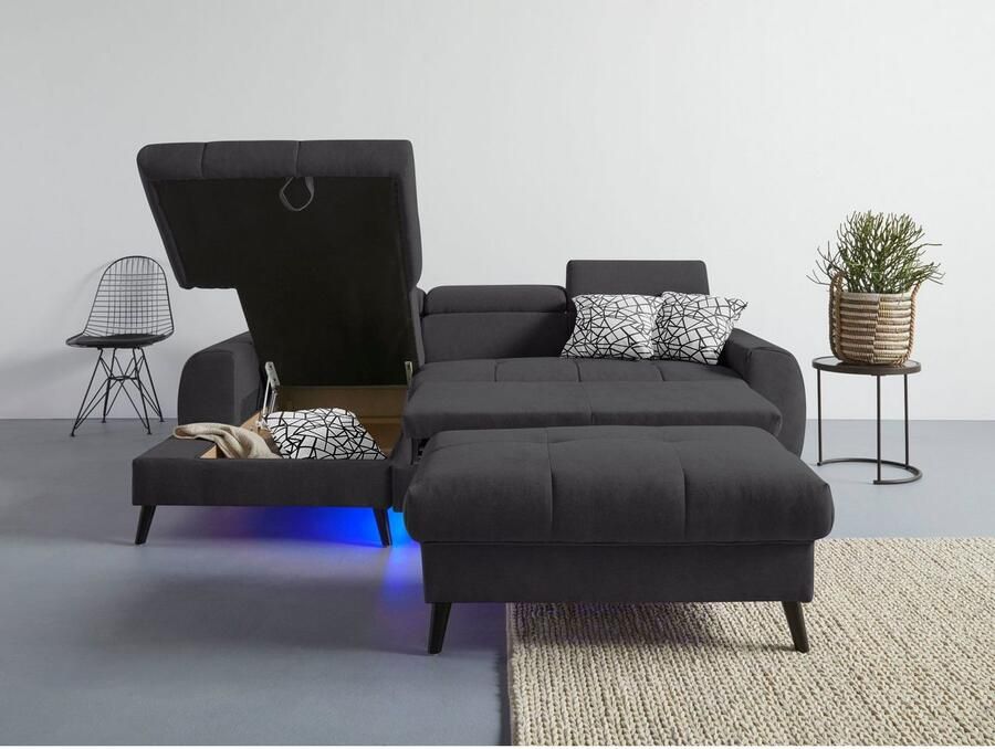 COTTA Hoekbank Mia L-vorm met 3 sierkussens keuze met bedfunctie bedlade verlichting & draadloze oplader