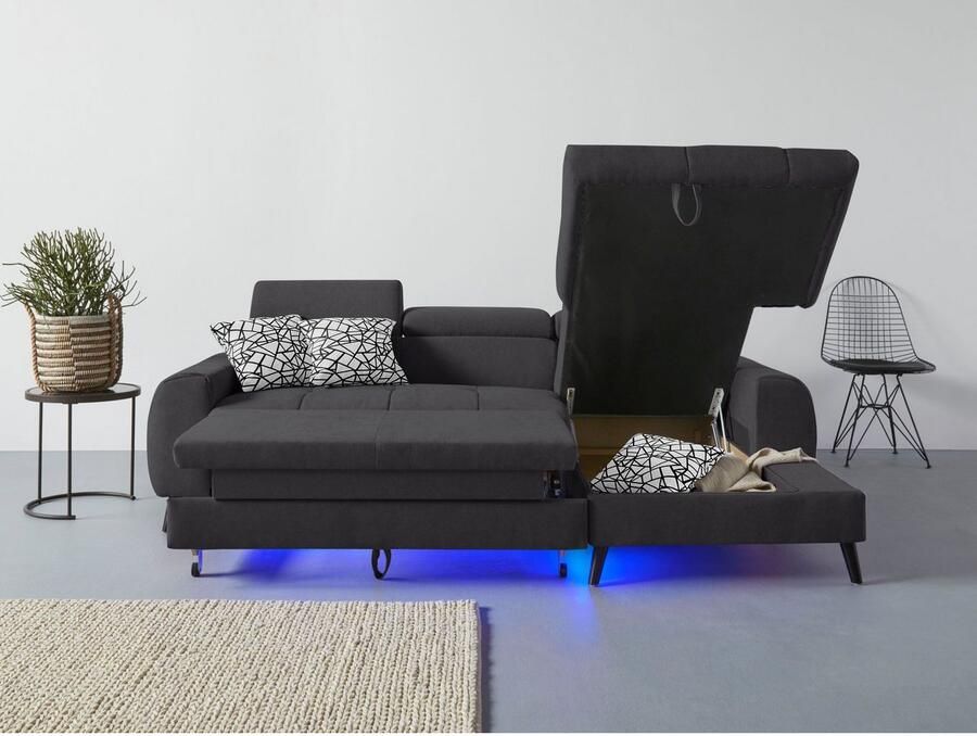 COTTA Hoekbank Mia L-vorm met 3 sierkussens keuze met bedfunctie bedlade verlichting & draadloze oplader