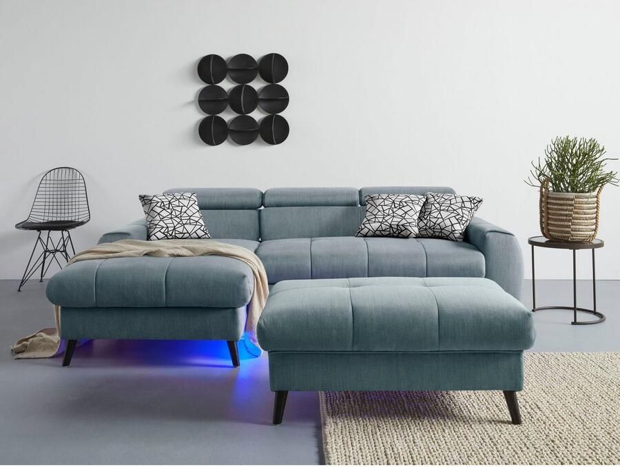 COTTA Hoekbank Mia L-vorm met 3 sierkussens keuze met bedfunctie bedlade verlichting & draadloze oplader