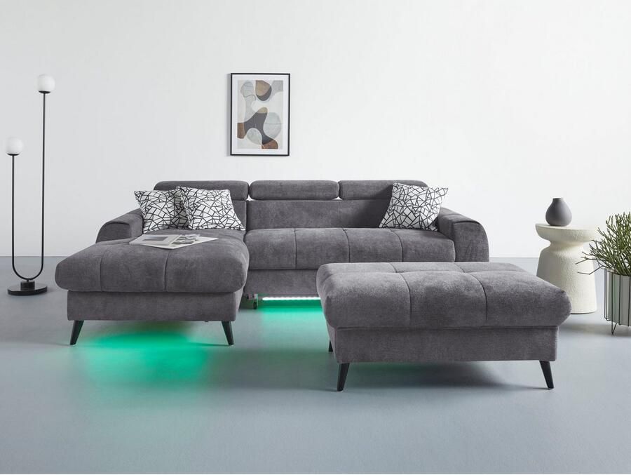 COTTA Hoekbank Mia L-vorm met 3 sierkussens keuze met bedfunctie bedlade verlichting & draadloze oplader