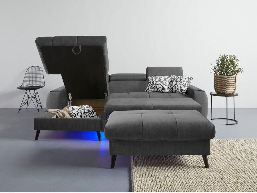 COTTA Hoekbank Mia L-vorm met 3 sierkussens keuze met bedfunctie bedlade verlichting & draadloze oplader